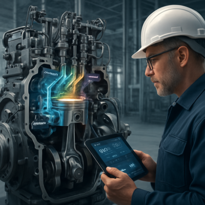 A high-resolution, photorealistic cutaway illustration of a modern two-stroke marine engine, showcasing the fuel injection system for dual-fuel operation. The image should highlight four distinct fuel pathways—methane (blue glow), methanol (green vapor), LPG (amber mist), and ammonia (purple tint)—converging into the combustion chamber. Include a Chief Engineer in a hard hat examining the engine with a digital tablet, displaying performance metrics like pilot oil fraction and methane slip. Industrial setting with a focus on technical precision and futuristic marine engineering.