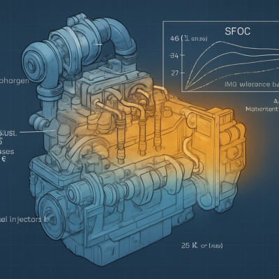 A detailed technical illustration of a marine engine cross-section with labeled components: turbocharger (highlighted in blue), exhaust gas bypass valve, fuel injectors, and a temperature gradient from 25°C (ISO) to 45°C (tropical). Include a transparent overlay of SFOC graphs showing deviations at different loads, with annotations for IMO tolerance bands (5%, 6%, 7%). The style should be semi-realistic, with a focus on clarity and engineering precision, set against a dark blue industrial background.