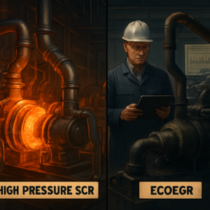 A split-screen illustration of a marine engine room: on the left, a high-pressure SCR system installed before the turbocharger, glowing with heat and precision; on the right, an EcoEGR system with exhaust gas recirculation pipes, showing soot buildup and fuel efficiency metrics. The background features a Chief Engineer analyzing data on a tablet, with a ship’s engine and compliance charts in the distance. Realistic, detailed, industrial style, cinematic lighting.