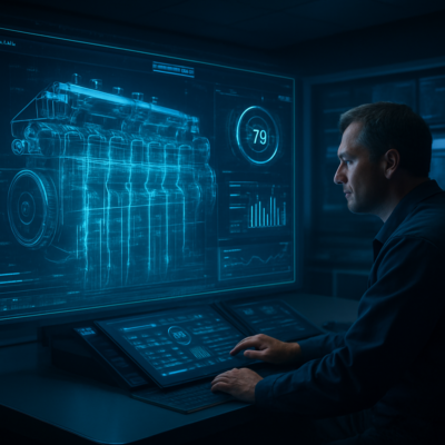 A futuristic digital interface overlaying a large marine engine, with glowing data streams representing real-time cylinder adjustments and predictive analytics. The scene is set in a modern engine control room, where a chief engineer monitors the system on a high-resolution screen, with holographic projections of engine components and performance metrics. The atmosphere is high-tech, professional, and slightly cinematic, emphasizing precision and innovation.