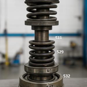 A close-up, high-detail technical photograph of a partially disassembled Samgong SJ separator vertical shaft assembly. Visible components include the upper and lower springs, bearings (parts 511, 529, 532), and the shaft itself. The image should show signs of wear, such as discoloration on bearings and spring deformation, with a clean industrial workshop background.