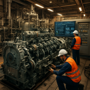 A high-resolution, photorealistic image of a large marine engine room during a retrofit. The scene shows a partially disassembled legacy diesel engine (e.g., MAN 48/60A) being upgraded with modern dual-fuel components. Engineers in safety gear work on the engine, while digital screens display performance metrics. The background includes fuel preparation systems and automation panels like Alphatronic 3000. The lighting is industrial, with a mix of warm and cool tones to highlight the technical precision of the process.