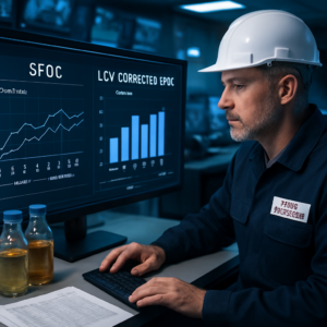 A Chief Engineer in a modern ship's engine control room, analyzing a digital dashboard displaying SFOC and LCV-corrected SFOC metrics. The screen shows a side-by-side comparison of raw and adjusted data, with fuel samples and laboratory reports visible on a nearby desk. The setting is professional, with a focus on precision and technical detail, illuminated by soft blue and white lighting.