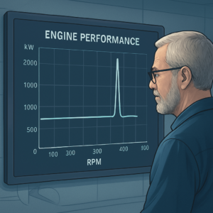 A detailed technical illustration of a ship's engine performance dashboard showing a kW vs RPM graph with a visible anomaly—a sharp spike in power (kW) while RPM remains stable. The background includes a chief engineer analyzing the data on a digital screen, with a propeller and hull cross-section subtly visible to emphasize the mechanical context. Realistic, professional, and slightly futuristic style with a focus on clarity and precision.