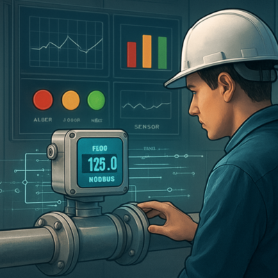 A detailed technical illustration of an industrial monitoring dashboard showing red, yellow, and green alarm indicators. In the foreground, a technician in a hard hat examines a digital flowmeter connected to a pipeline, with a transparent overlay of Modbus communication signals and sensor data streams. Realistic, professional, and slightly futuristic style.