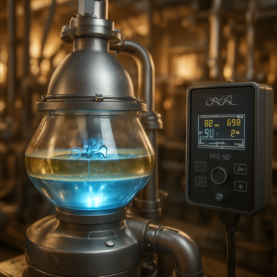 A high-resolution, photorealistic image of an Alfa Laval S-type separator in a modern engine room. The focus is on the transparent bowl section, showing the dynamic oil-water interface with a faint blue glow from the Alcap sensor. The EPC 60 controller is mounted nearby, its digital display illuminated with real-time separation data. The background includes blurred machinery and piping, emphasizing the industrial setting. Warm lighting, depth of field, and subtle reflections on metallic surfaces.