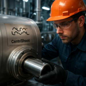 A close-up, high-detail industrial shot of an Alfa Laval separator’s CentriShoot discharge system in action, with a mechanic in safety gear inspecting the smooth, wear-free sliding element. The background shows a clean engine room with a focus on precision engineering. Realistic lighting, cinematic depth of field, ultra-HDR, 8K resolution.