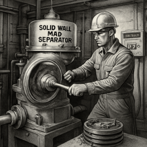 A detailed technical illustration of a solid-wall MAB separator in a marine engine room, showing a technician performing the hurling method by spinning the empty bowl at high speed. The background includes a vibration monitoring device displaying a safe RMS value below 9.0 mm/s, with visible sludge buildup on the bowl walls and a partially disassembled disc stack nearby. Realistic, high-contrast, engineering-style artwork with a focus on precision and industrial setting.