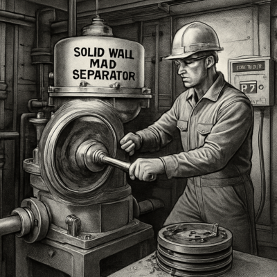 A detailed technical illustration of a solid-wall MAB separator in a marine engine room, showing a technician performing the hurling method by spinning the empty bowl at high speed. The background includes a vibration monitoring device displaying a safe RMS value below 9.0 mm/s, with visible sludge buildup on the bowl walls and a partially disassembled disc stack nearby. Realistic, high-contrast, engineering-style artwork with a focus on precision and industrial setting.
