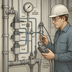 A detailed technical illustration of a separator’s pneumatic control system, showing solenoid valves SV1, SV2, SV5, and the 3-way cylinder valve CV1 in a factory setting. Highlight air pressure gauges, control lines, and a technician inspecting the valves with diagnostic tools. Industrial, realistic, high-resolution.