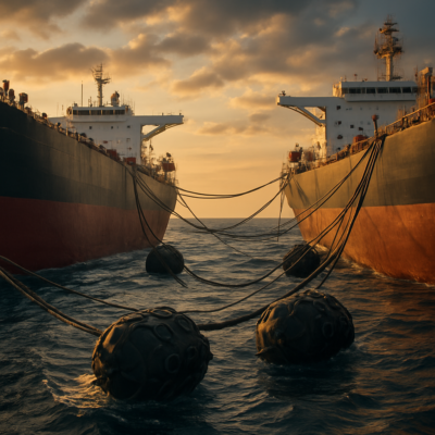 A dramatic wide-angle shot of two large oil tankers moored side by side in the open ocean during a Ship-to-Ship (STS) operation. The vessels are connected by thick mooring lines and massive rubber fenders, with cargo hoses suspended between them. The sea is slightly choppy, with golden-hour lighting casting long shadows. Crew members in safety gear are visible on deck, monitoring the transfer. The image should convey scale, precision, and the industrial might of maritime operations.