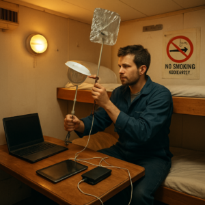 A cozy, modern ship cabin with a 4th engineer sitting on a bunk, adjusting a DIY external antenna made from household items. The scene includes a laptop, tablet, and power banks charging in a chaotic but functional setup. Warm lighting, maritime details like a porthole and safety posters, and a subtle touch of humor—a 'No Smoking (Even E-Cigs)' sign with a crossed-out vape. Realistic, slightly worn, but lived-in atmosphere.