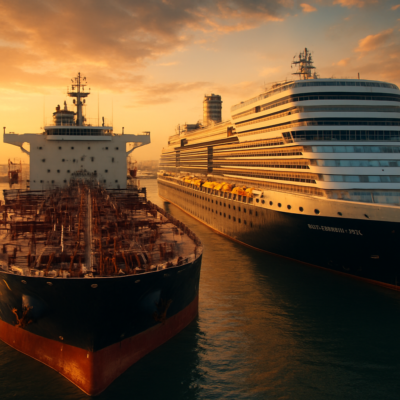 A dramatic side-by-side comparison of a large oil tanker and a cruise ship like Holland America Line’s vessel, both docked in a busy port. The tanker’s utilitarian deck and free-fall lifeboat contrast with the cruise ship’s sleek promenades and rows of enclosed lifeboats. Wide-angle shot, golden-hour lighting, photorealistic detail, cinematic composition.