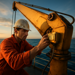 A dramatic wide-angle shot of a marine engineer in a hard hat and coveralls adjusting a hydraulic limit switch on a ship’s deck crane, with the vast blue ocean and a distant U.S. coastline in the background. The scene is lit by golden hour sunlight, emphasizing the tension and focus of pre-inspection preparations. High detail, cinematic composition, photorealistic.