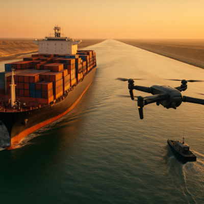 A dramatic aerial view of a cargo ship navigating the Suez Canal, with a small drone hovering nearby. In the background, a police boat approaches the vessel, and the sky is clear with a warm, golden-hour glow. The scene conveys tension and the high stakes of using drones in restricted maritime zones.